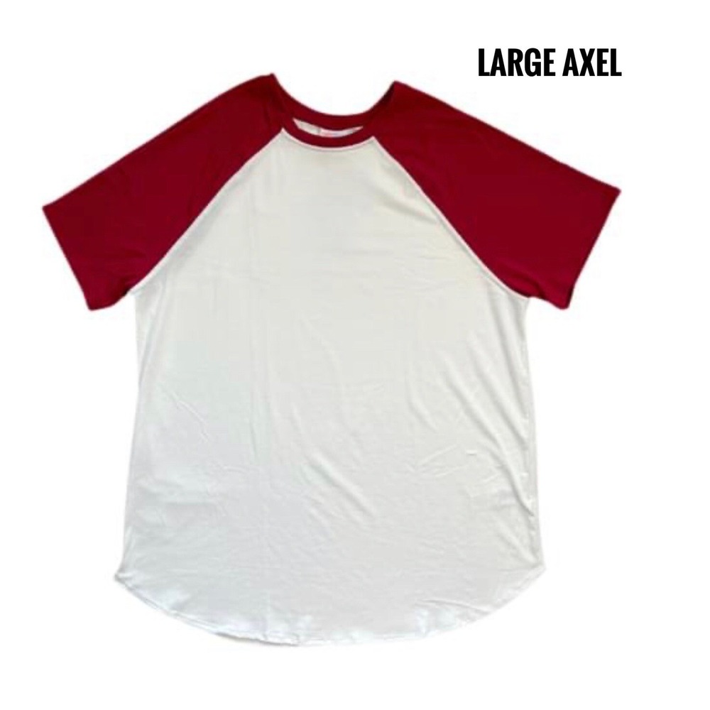 Large Lularoe Axel Top Red Raglan Sleeves White Body Fits 14/16 .